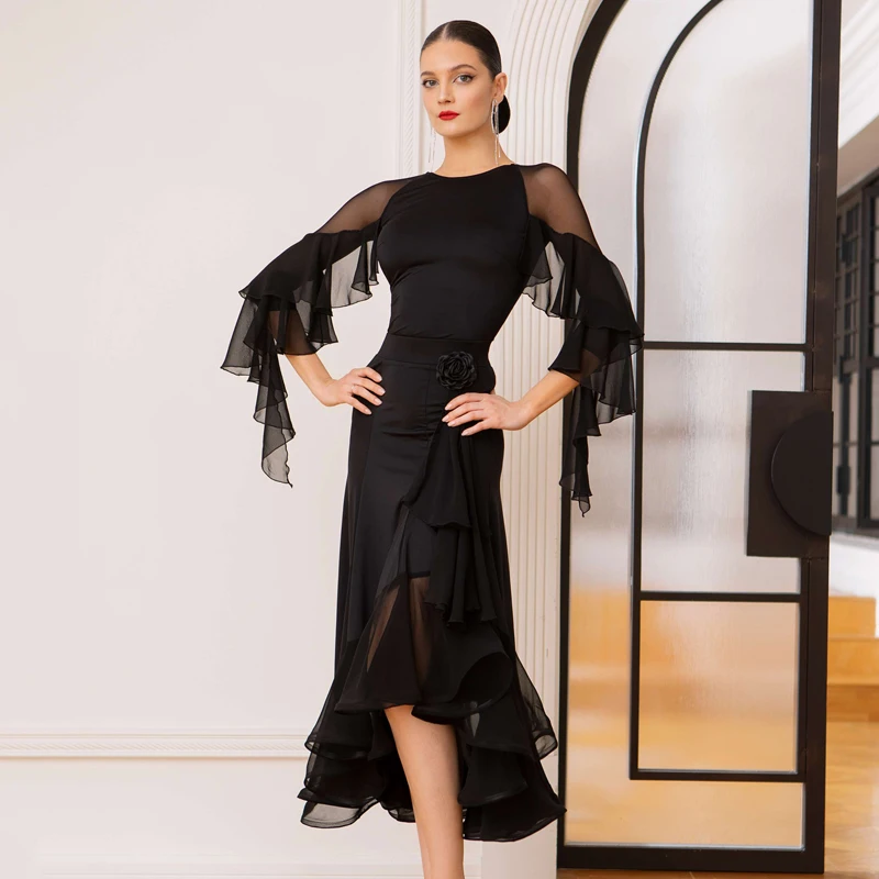 

New Yellow Black Latin Dance Professional Costume Women'S Ballroom Dance Competition Dresses Ruffled Latin Top Skirts SL10243