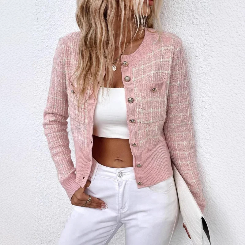 

European american women's clothing Plaid Pattern Spring and Autumn Flap Detail Front Button Pink Knitted Cardigan