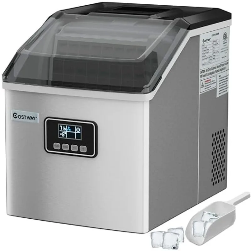 COSTWAY Ice Maker Countertop, 48LBS/24H Automatic Ice Stainless Steel Machine with Self-Cleaning Function