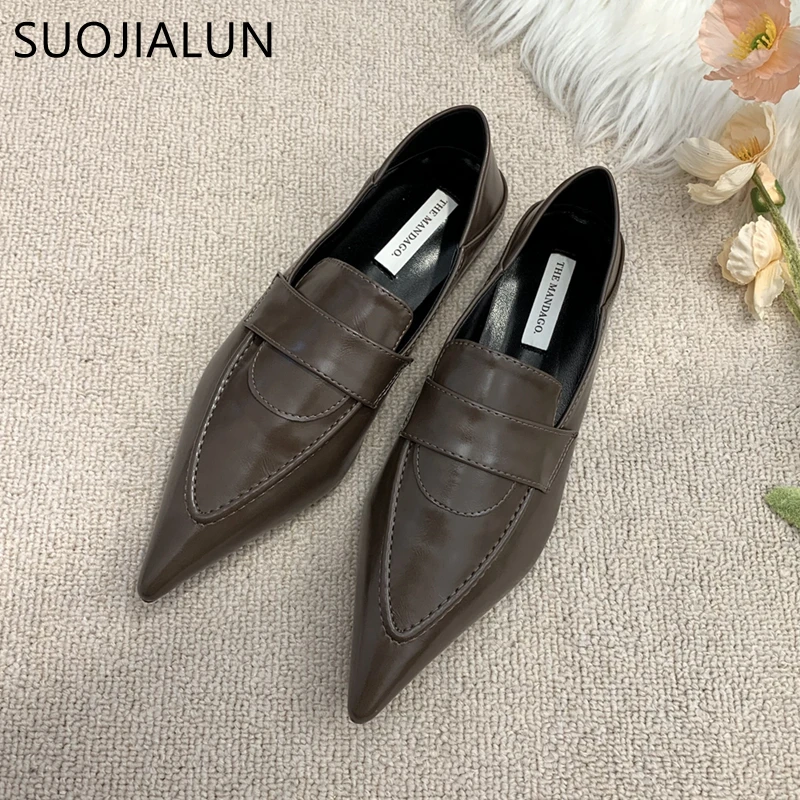 SUOJIALUN 2023 Autumn Women Flat Shoes Fashion Pointed Toe Slip On Ladies Laofer Shoes Soft Sole Flat Heel Casual Ballerinas Sho