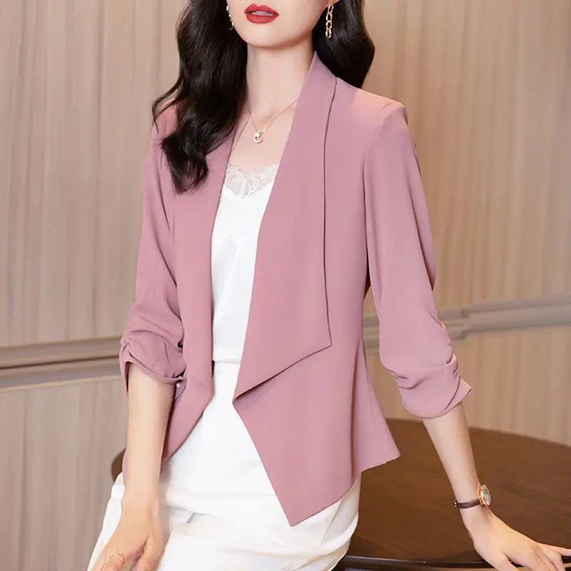 2024 New Spring and Autumn Commuting Minimalist Versatile Chiffon Three Quarter Slim Fit Solid Color Lapel Women\'s Coat Top