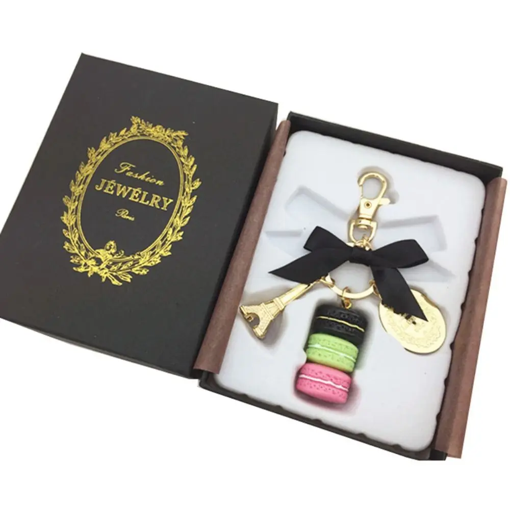 Alloy Bowknot Macaron Cake Pendant Gold Color With Gift Box Eiffel Tower Key Chains Bag Charm Kawaii Macaron Key Ring