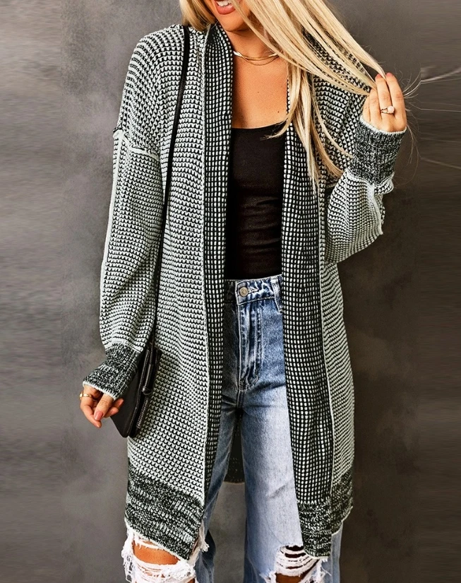 Checkered Knitted Cardigan with Long Sleeves, Hot Selling New Casual and Fashionable Long Outerwear for Autumn and Winter