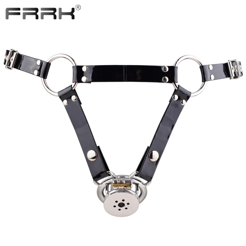 FRRK Shiny BDSM PU Chastity Belt Harness with 150 Inverted Cock Cage for Men Steel Penis Rings Adults Sex Shop Intimate Products