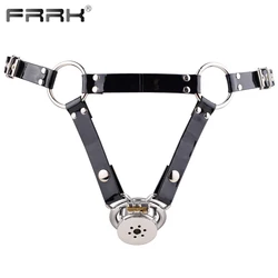 FRRK Shiny BDSM PU Chastity Belt Harness with 150 Inverted Cock Cage for Men Steel Penis Rings Adults Sex Shop Intimate Products