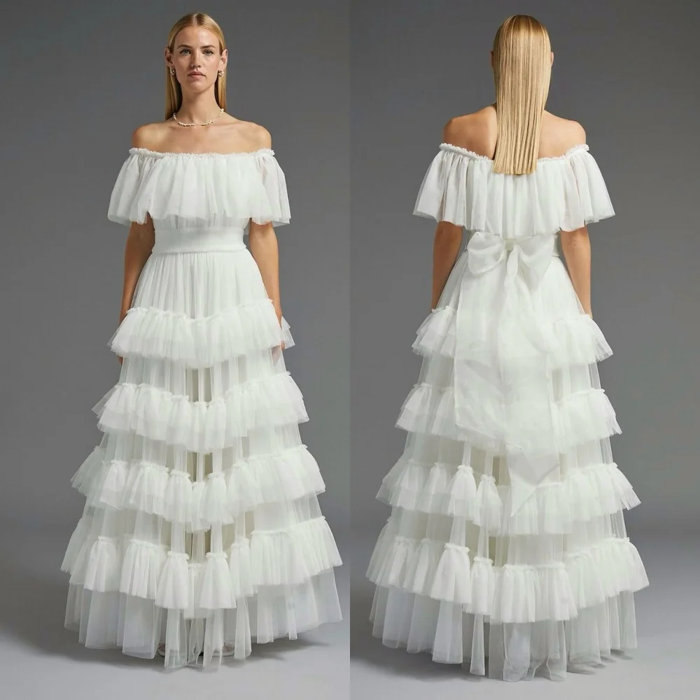 

Customized Tiered Bow Off-the-shoulder A-line Long Dresses Bespoke Occasion Woman Elegant Party Wedding Temperament Charming