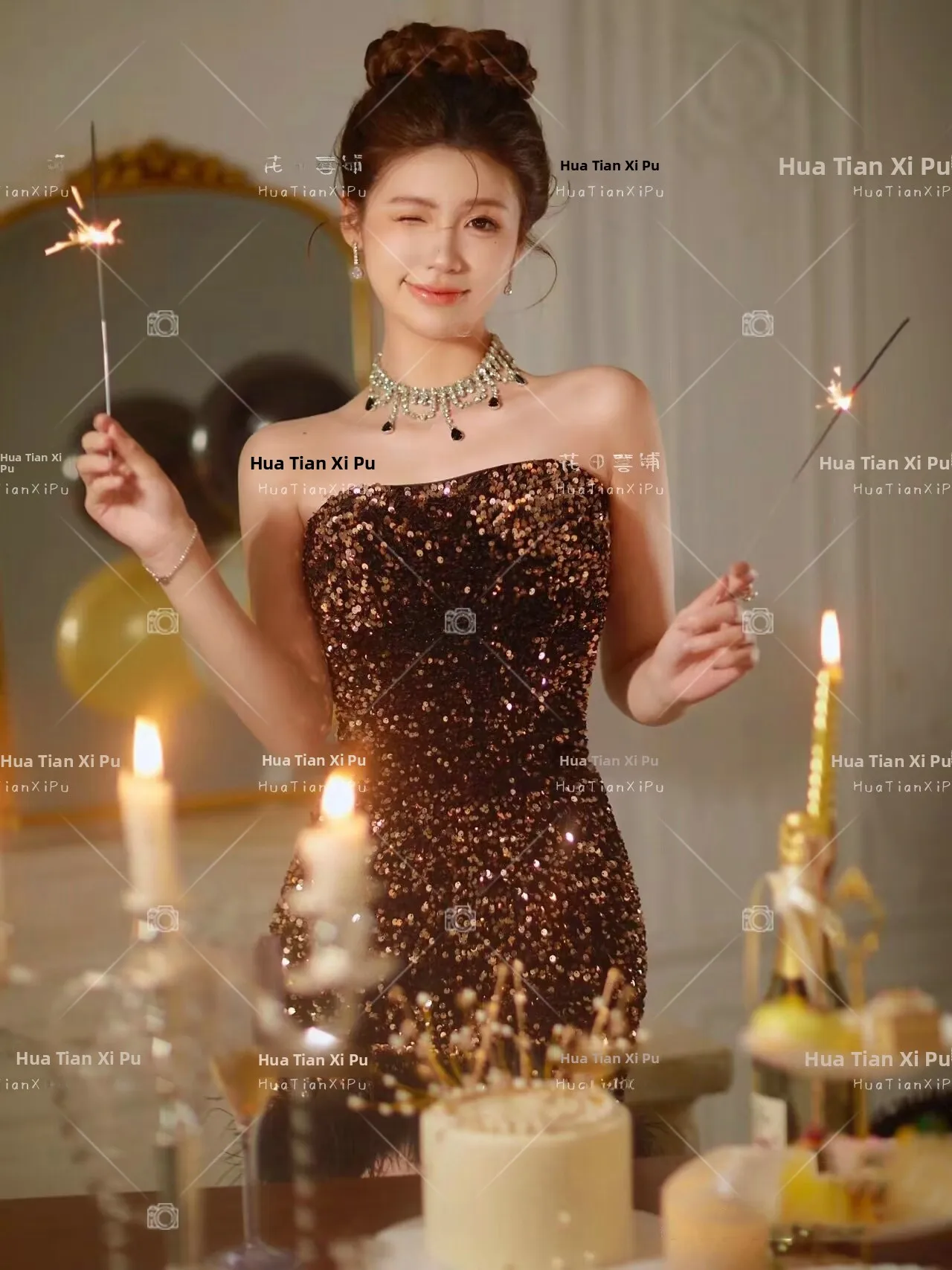 

Princess Style Sequin Tube Top Dress Photography Costume New Arrival Birthday Shooting Theme Wealthy Daughter of a Dynasty