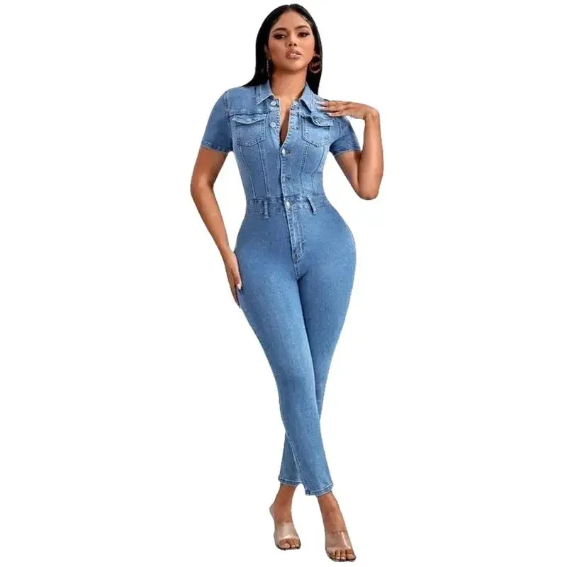 Fashion Commuter Tight Denim Jumpsuit Women Slim Fit Pencil Jeans Rompers Female Lapel Single-breasted Half-open One-piece Pants