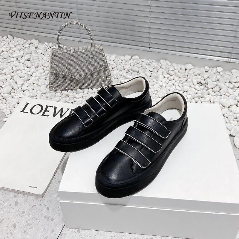 

Black White Leather Ladies Flat Casual Shoes Sneakers Round Toe Simple Style Daily Dress Shoe Loafers Trendy 2023 Spring Shoe