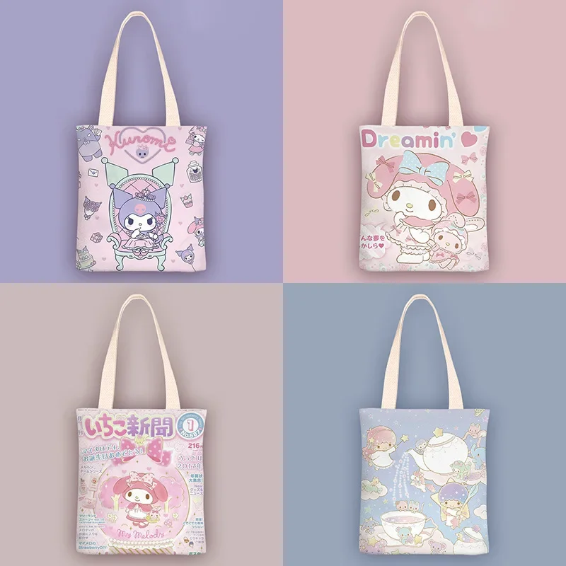 New Hello Kitty Kuromi Cartoons Shoulder Bags Sanrio Original Anime Printing Canvas Waterproof Cute Handbag Girls Birthday Gifts