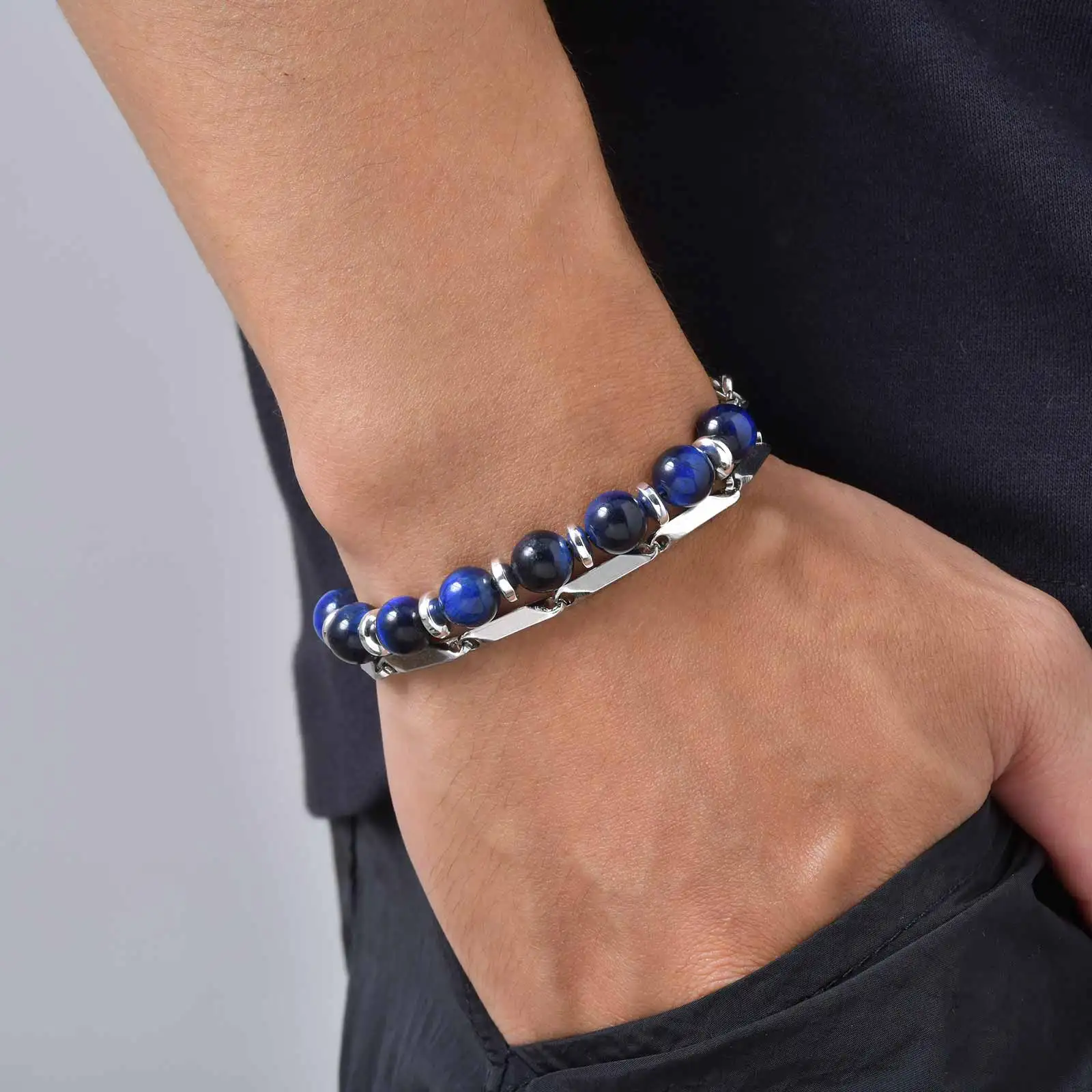 Vnox Naturstein-Perlenarmband für Herren, Edelstahl-Mehrschichtkette, Tigerauge, Obsidian, verstellbarer Armschmuck, Geschenk – Detail 2