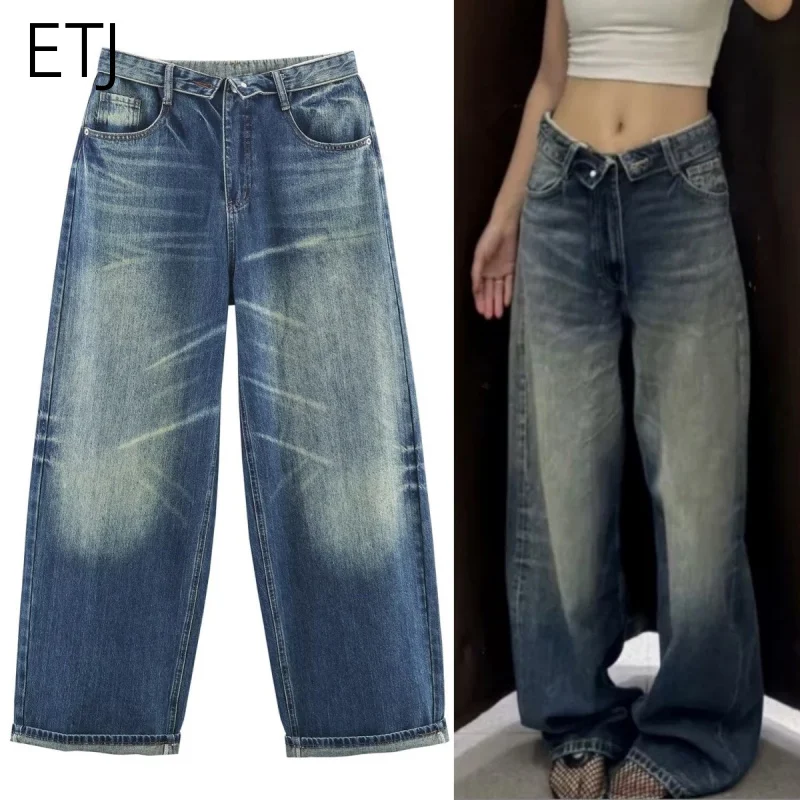 ETJ 2025 otoño e invierno nuevo diseño de moda para mujer versión suelta de cintura de lavado pantalones vaqueros con cintura abatible pantalones largos hasta el suelo