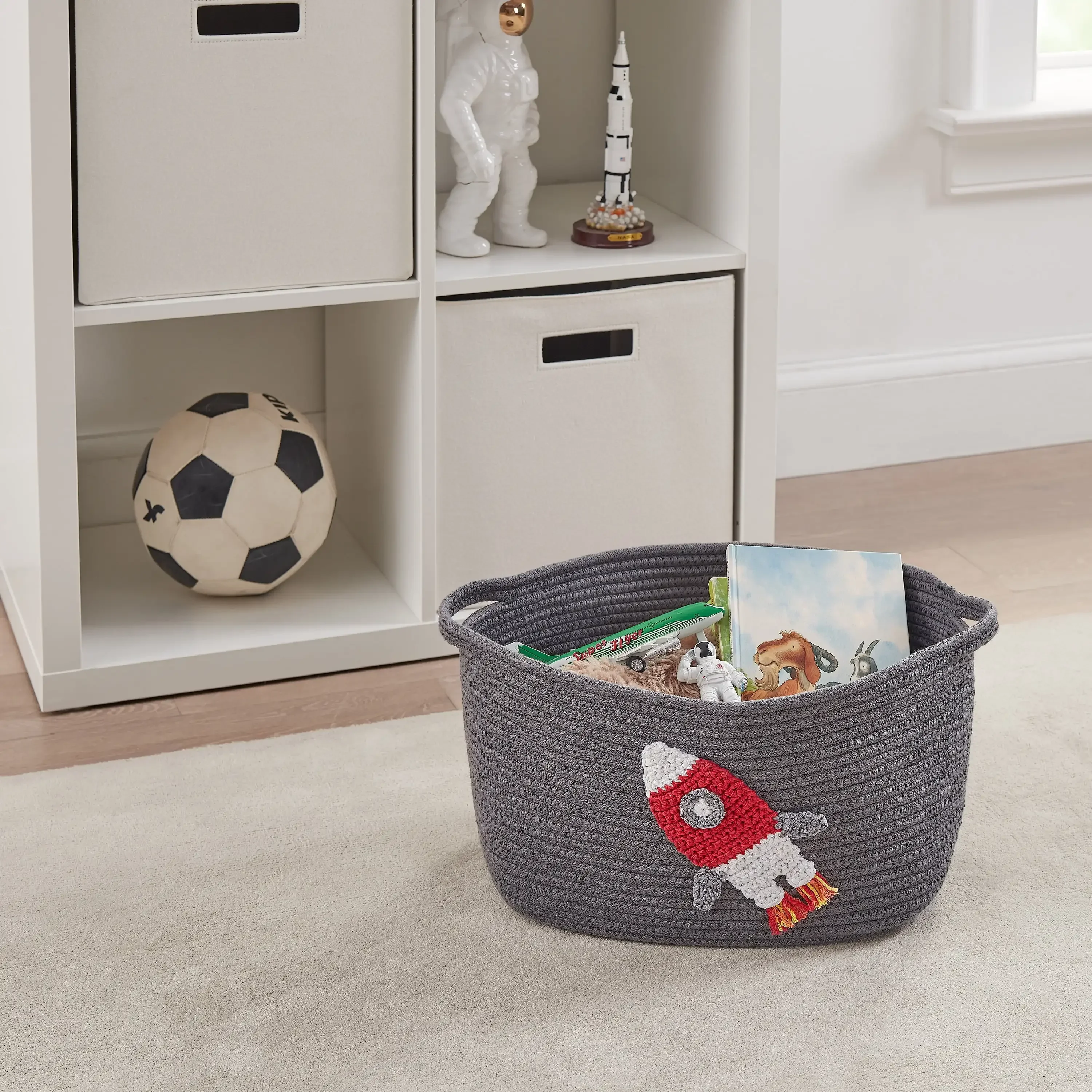 Cotton Rope Rectangle Tote Bin, Rocket Ship Crochet Applique  storage baskets  toy storage