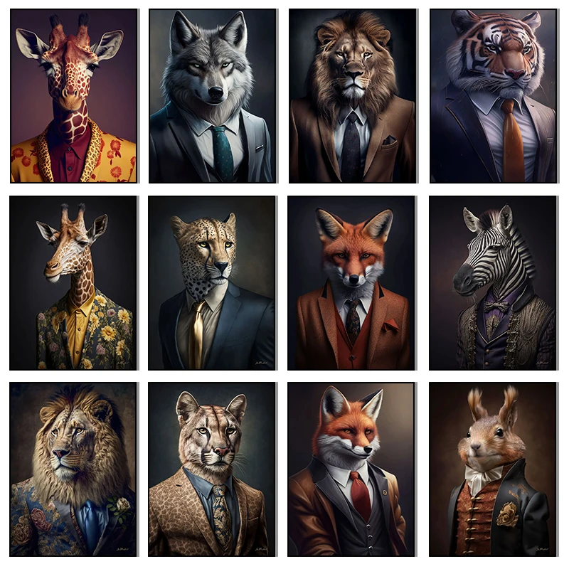 Human Body Animal Head Posters Lion Suit Giraffe Tiger Zebra Fox Wolf Pictures Wall Art Canvas Paintings Living Room Home Decor