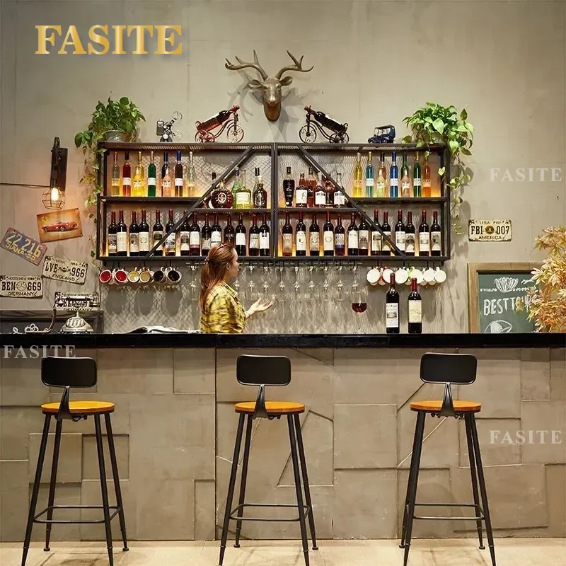Industrial Creative Wrought Iron Wall Mounted Wine Rack Bar Counter Shelf for Restaurant Commercial Home Decor Red Wine