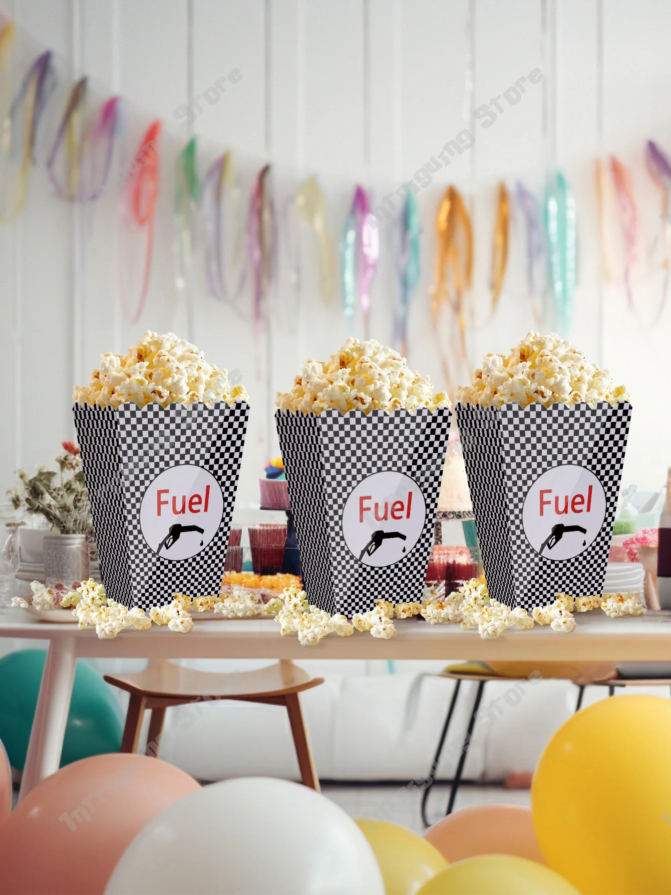 Novelty Fuel Race Car Paper Popcorn Boxes For Black and White Grid Racing Cake Topper Sport Kids Boys Birthday Party Decoration