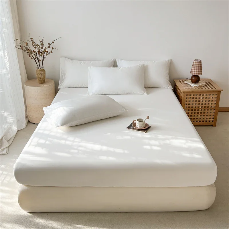 High Quality 100% Cotton Fitted Sheet Minimalist Style Solid Color Mattress Cover with Deep Pockets Queen King Size Bed Sheets