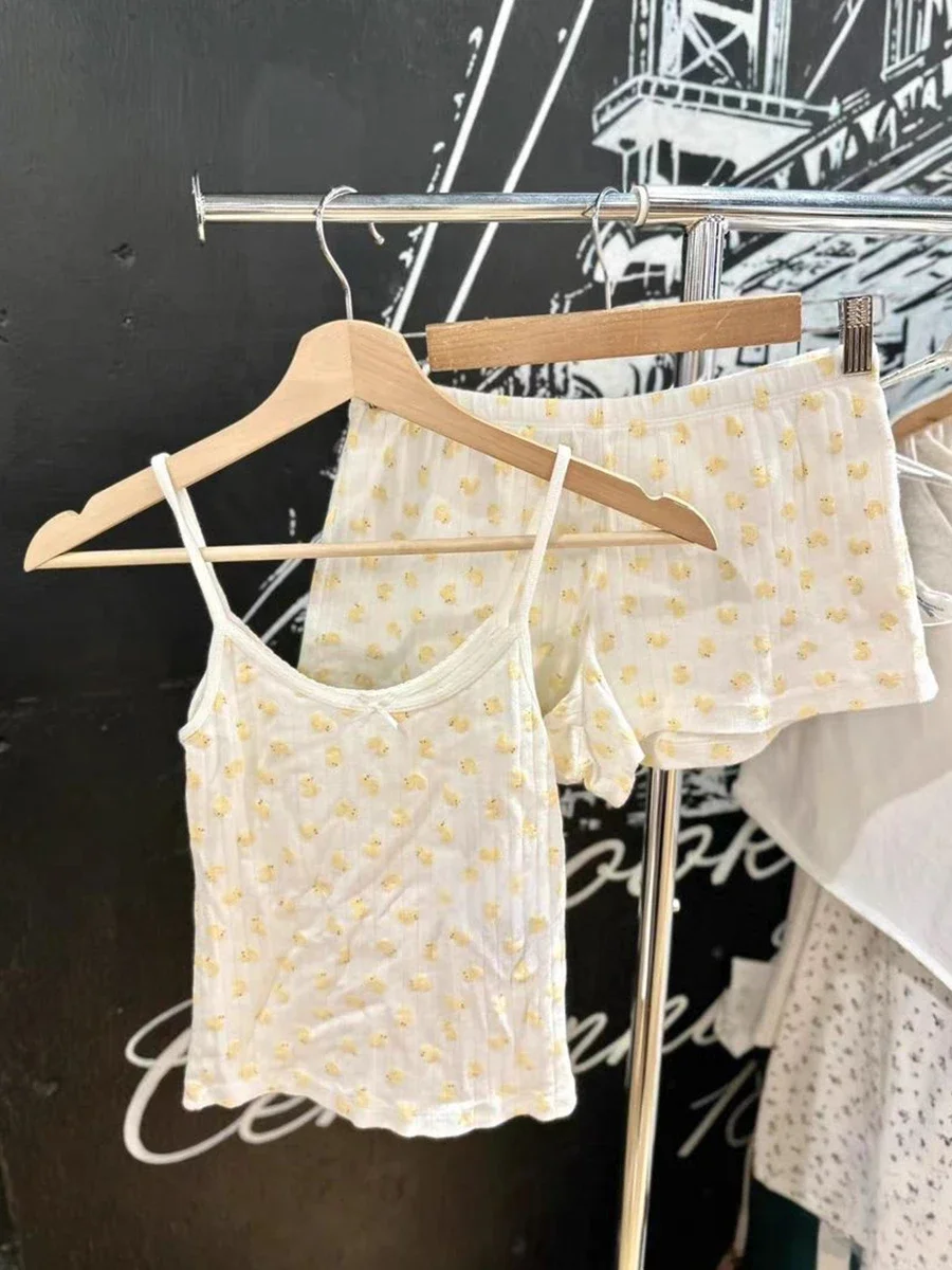 Duck Eyelet Vest Shorts 2 Pieces Set Women Bow Slim Tank Tops Elastic High Waist Straight Short Pants Sweet Shorts Sets