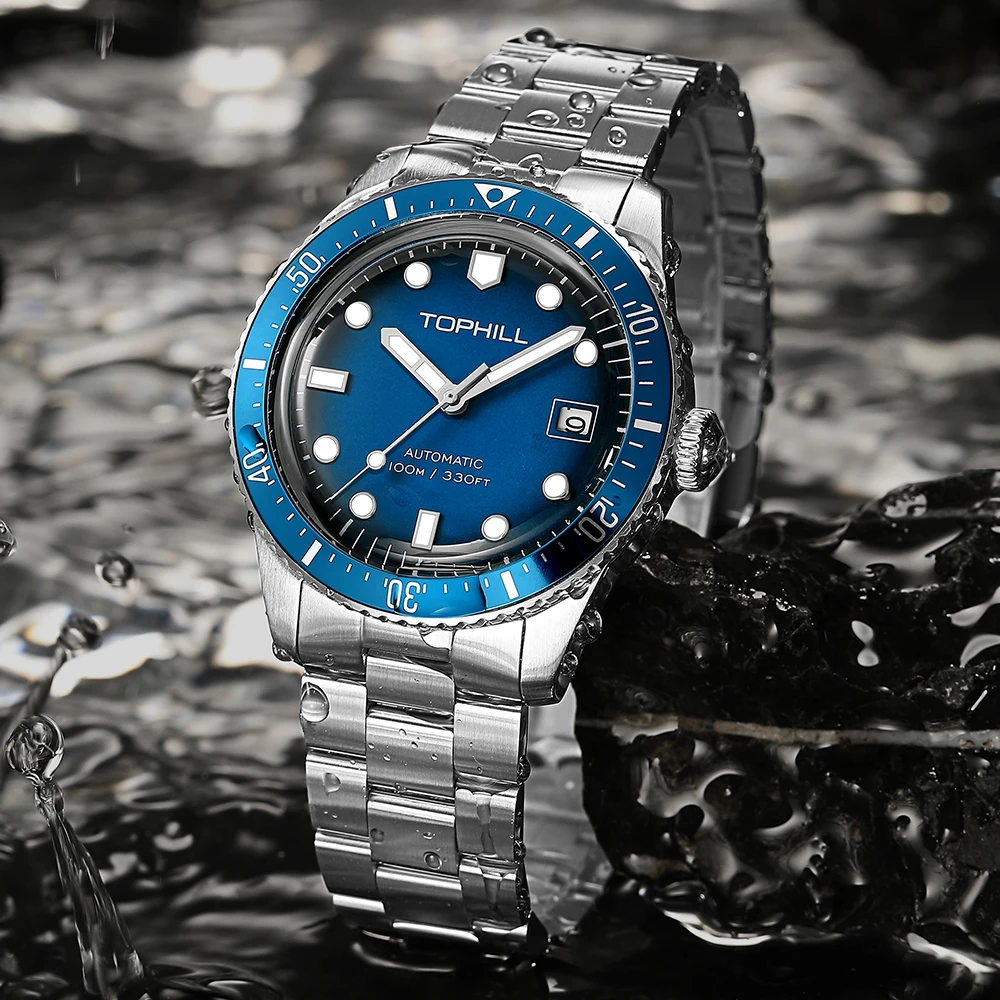 TOPHILL 40mm Mechanical Men\'s Watches NH35 Automatic Swim Aluminum Bezel 10Bar Sports Mineral Glass Luminous C3 316L TD010G