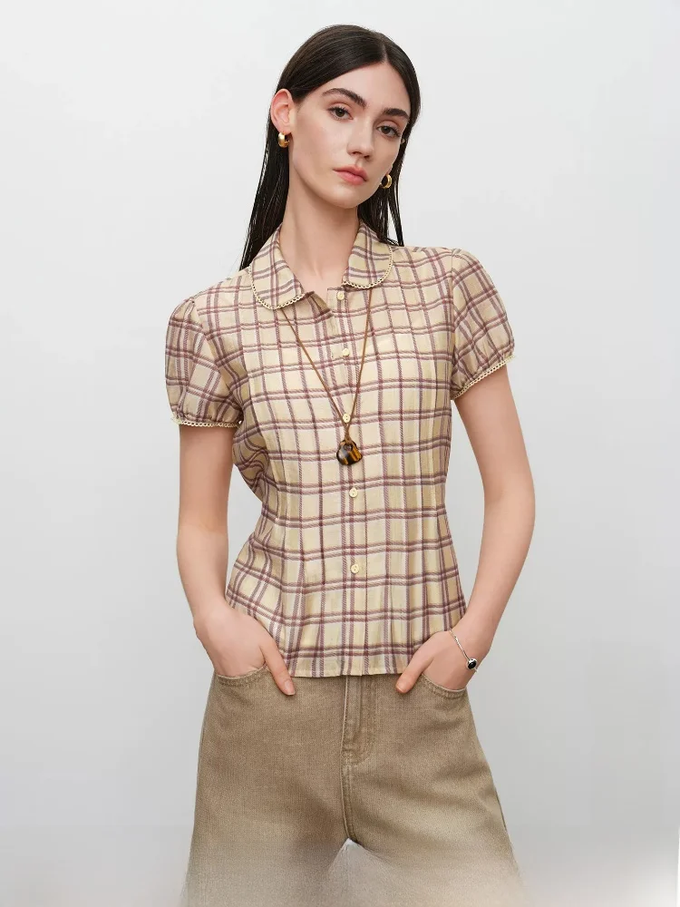 

Sweet Style Fitted Shirt with Ruffle Trim Bow Tie Design Short Sleeve Doll Collar Women's Top Waist Cinching 26ZQ92208
