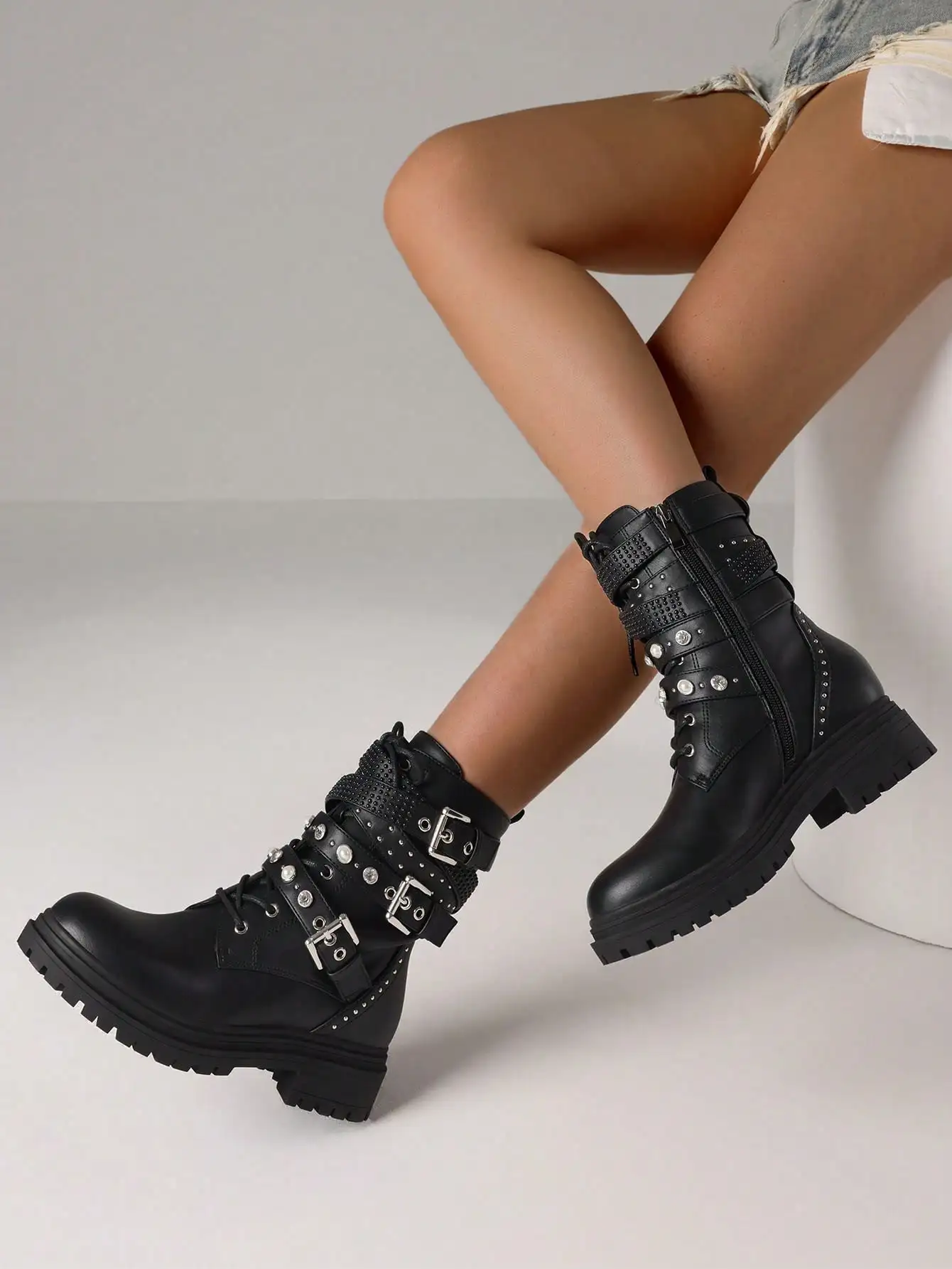 النساء فاسق أحذية قتالية الخريف الكاحل مشبك حزام رصع اللؤلؤ الراين الجانب سستة منصة الدانتيل يصل أحذية الخريف #3