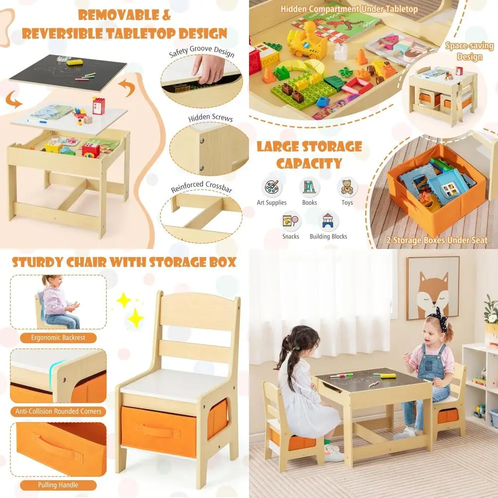 

3-in-1 Wooden Kids Table and Chairs Set with Storage, Perfect for Art, Craft, Drawing, and Reading, Ideal Gift for Toddlers Ages