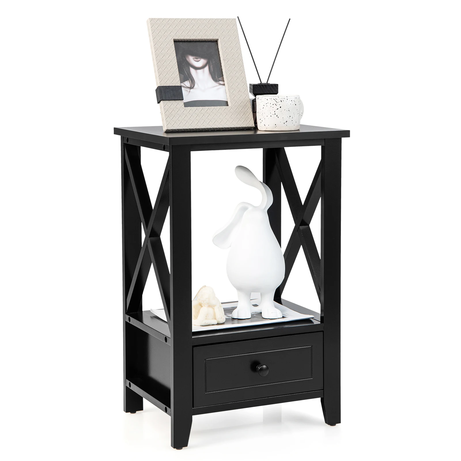 Modern Nightstand with Bottom Drawer Storage Shelf Small Side End Table Black