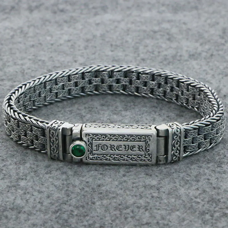 

S925 Silver Men's Bracelet Men's Handmade Silver Weaving Six Character True Word Scripture Turning Cylinder Rotable Silver Chain