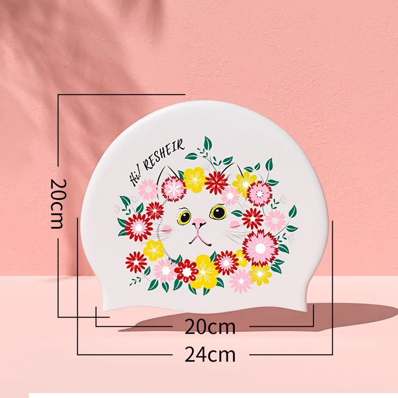 قبعات نسائية للبالغين قبعة سباحة على شكل قطة على شكل زهرة مع مادة سيليكون مطبوعة مقاومة للماء وغطاء أذن كامل لحماية الشعر الطويل