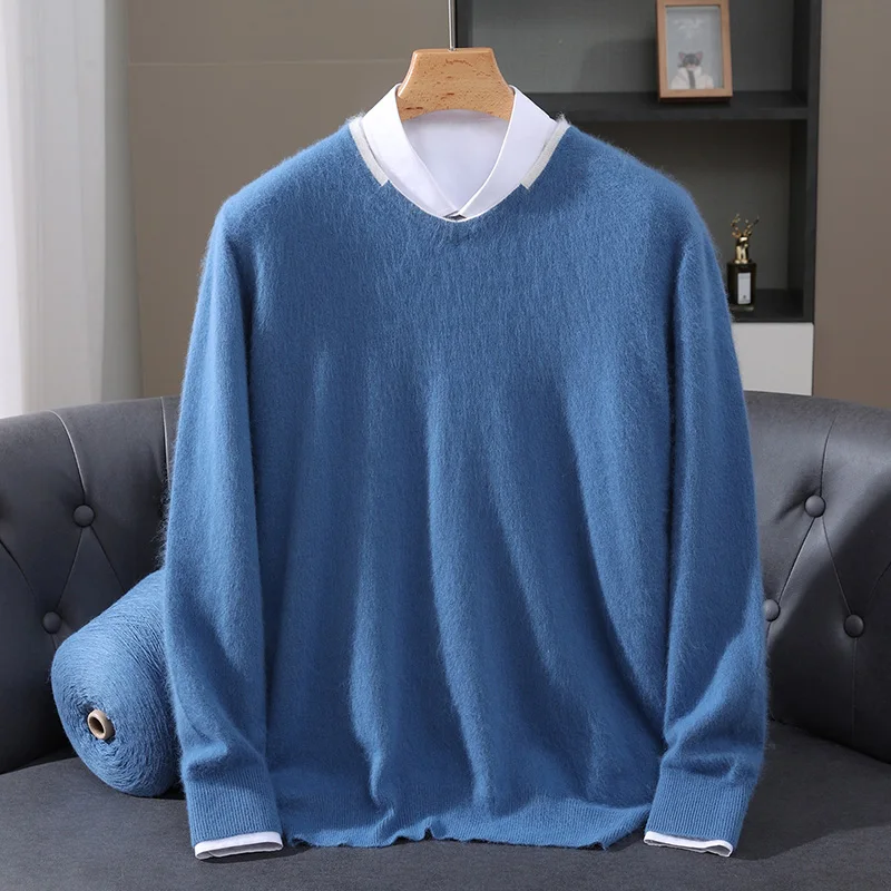Men's  Autumn Winter 100% Mink Cashmere V-neck Pullover Sweater Color-Matching Warm Cashmere Knitwear Smart Casual Men's Tops