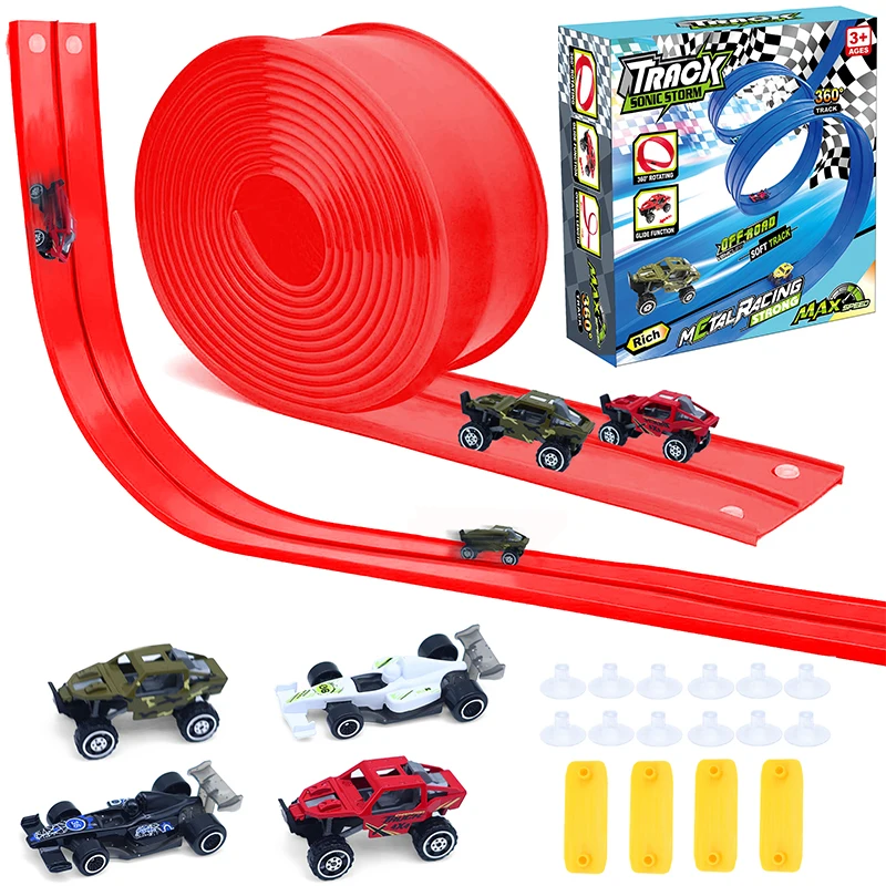 4.5M Flexible Race Track Toy DIY Double-track Racing Car Track 4 Shock-Resistant Toy Cars Roll Up Race Track for Kids Game Gift