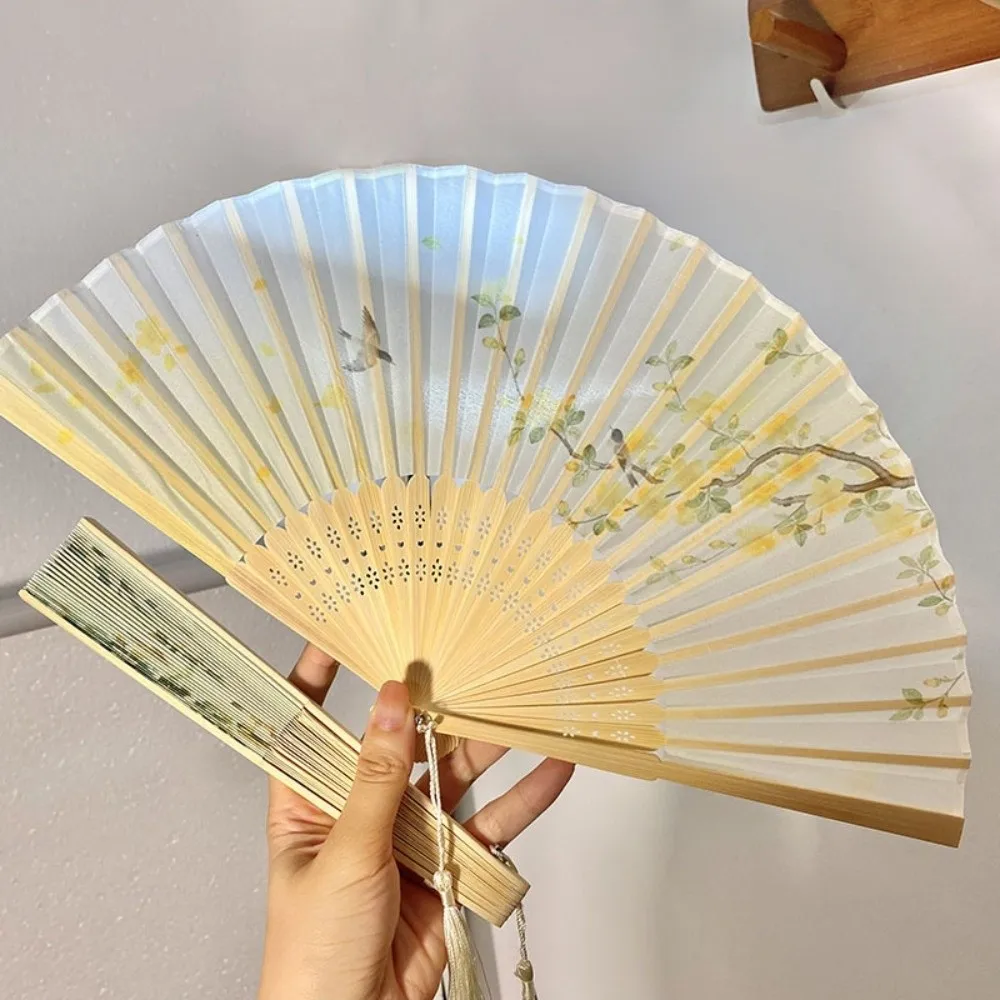 Dance Props Chinese Style Tassel Folding Fan Butterfly Lotus Bamboo Fan Plum Blossom Orchid Handheld Fan Birthday Party