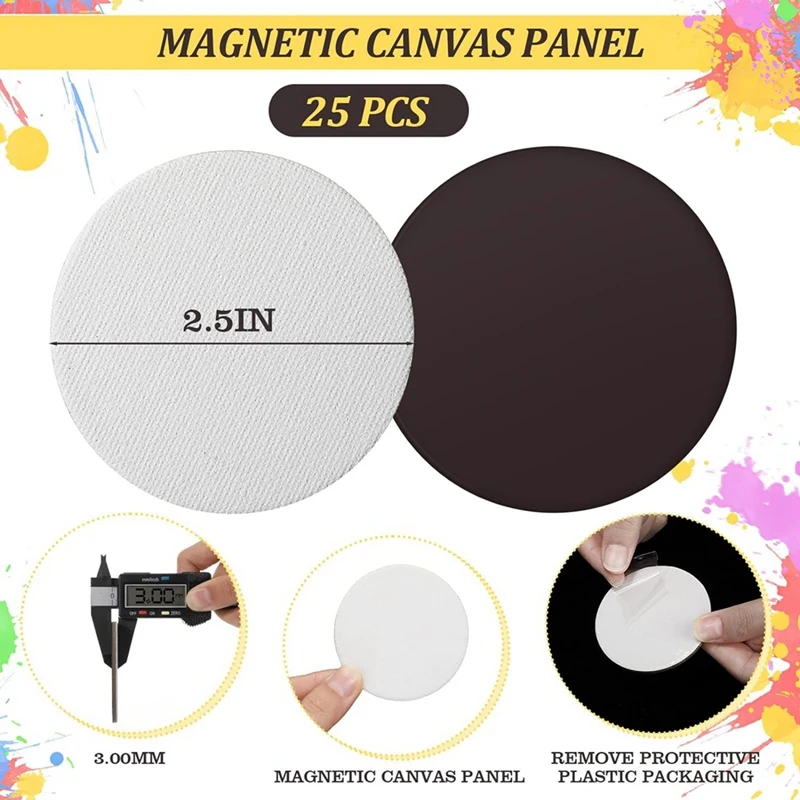 25 PCS Magnetic Painting Canvas Panels 2.5 Inch Round Magnetic Mini Canvas Panels DIY Refrigerator Decoration