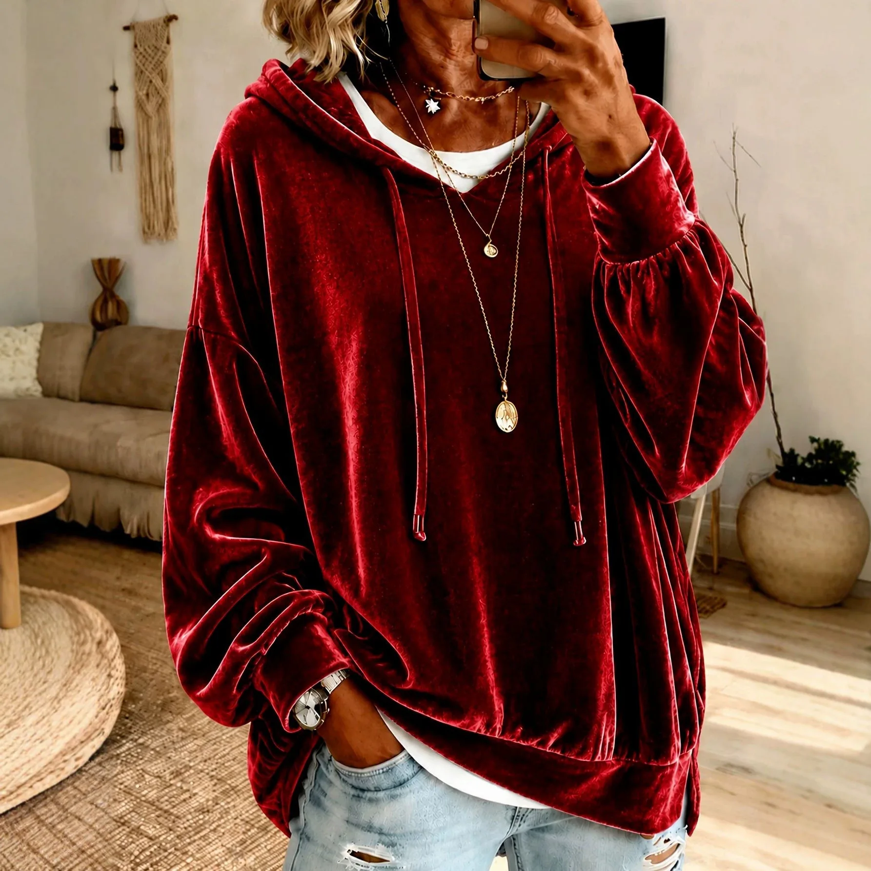 (anno   Self-developed) 2026 Women's Velvet Hooded. Sweatshirt, Loose Long-sleeve Top Birthday Dress Y2k、 Boho Midi