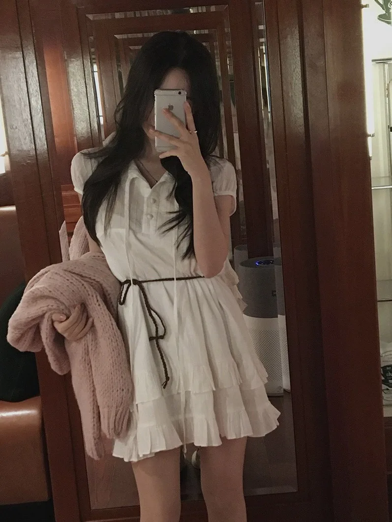 Chic White A-Line  Dr Women's Faionable Turn-down Collar Cute ort Sve Gown Korean Sle Princ Skirt for Date