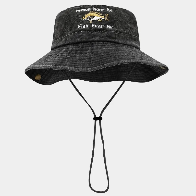 Mode été printemps extérieur brodé seau chapeau femmes veux-moi poisson peur moi large bord chapeau de soleil pour la pêche randonnée Panama chapeau
