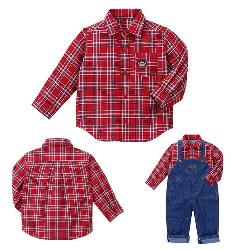 

Boys Shirts Japanese Style Fall Children's Preppy Badge Monogram Embroidered Plaid Shirt Long Sleeves Underneath Unisex