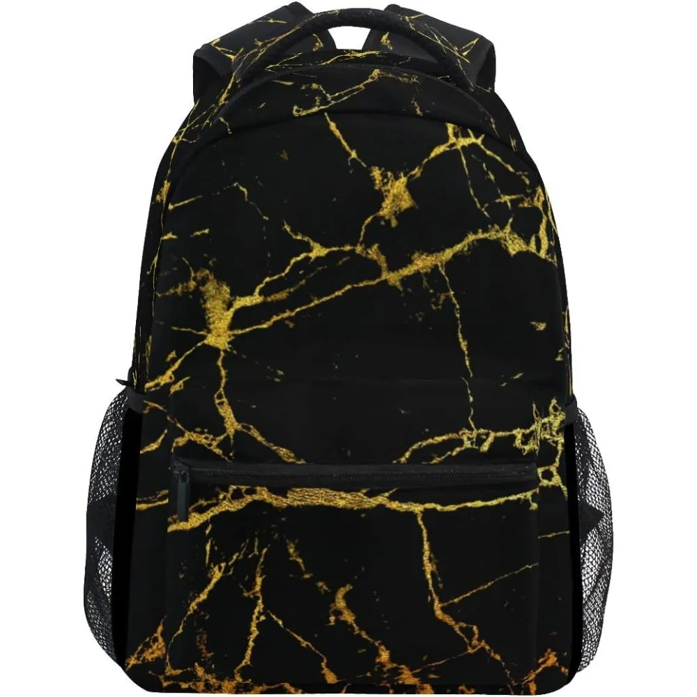 

Black Marble With Gold Geometric Large Backpack Personalized Laptop Tablet Travel School Bag With Multiple Pockets