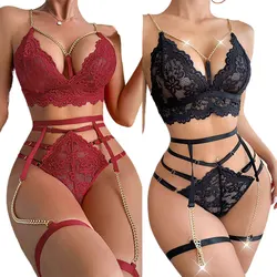 Sexy Set New Woman Lingerie Burgundy Garter Belt Underwear With Leg Rings Female Intimates Erotic 3 Piece Sets Lace Bra Panties