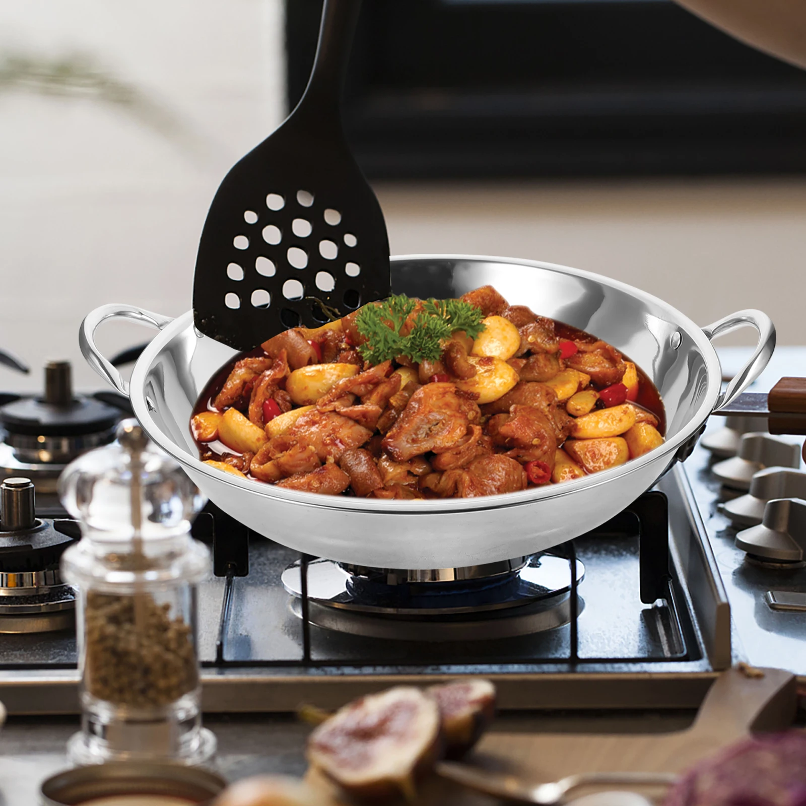 

Stainless Steel Griddle Pan 32cm Dry Pot Small Cooking Pans Kitchen Metal Tool Easy Clean Household Restaurant BBQ