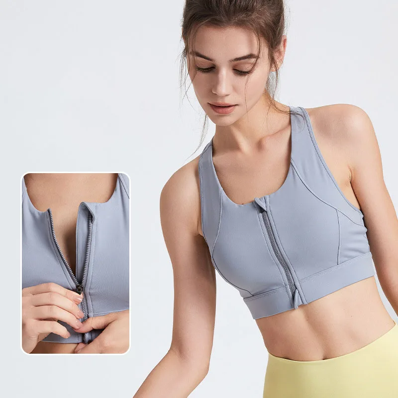 

New Summer Workout Zip-Front Yoga Bra for Active Women Supportive Back Cross Straps Push Up Sports Bra