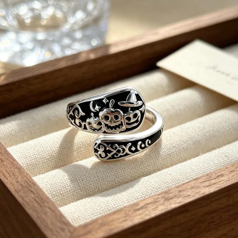 New Fashion Dark Wind Pumpkin 925 Sterling Silver Jewelry Original Halloween Element Relief Modeling Opening Rings 02085