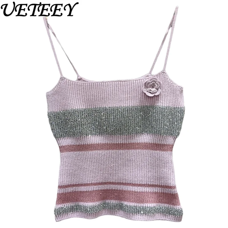 Été nouveau doux célébrité fleur rayé extérieur culture hauts polyvalent brillant soie épissage tricoté fronde gilet court pour les femmes