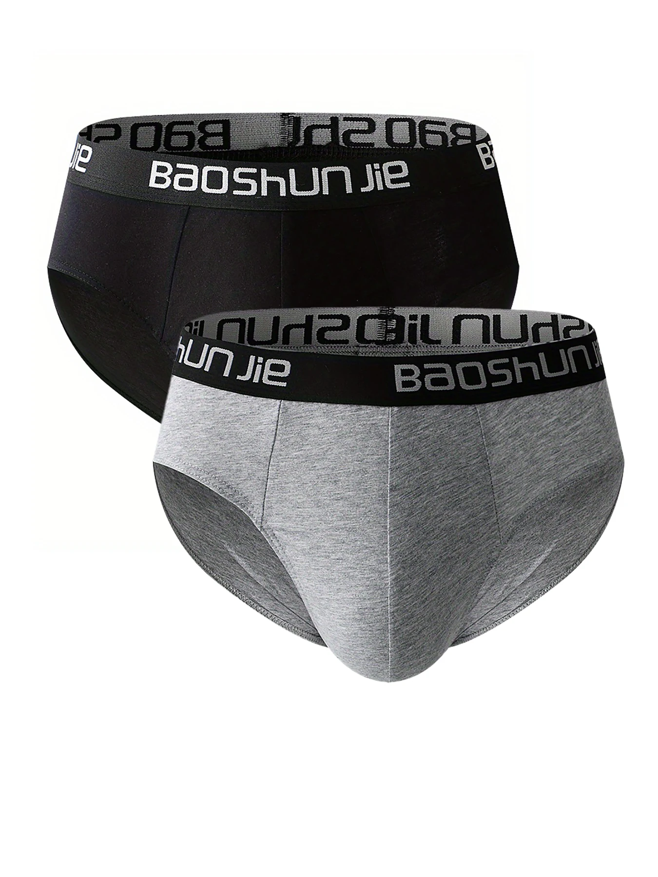 

Men's 2-Pack Cotton Briefs - "BaoShunJie" Logo Waistband, Black & Gray Assorted Color Underwear Set