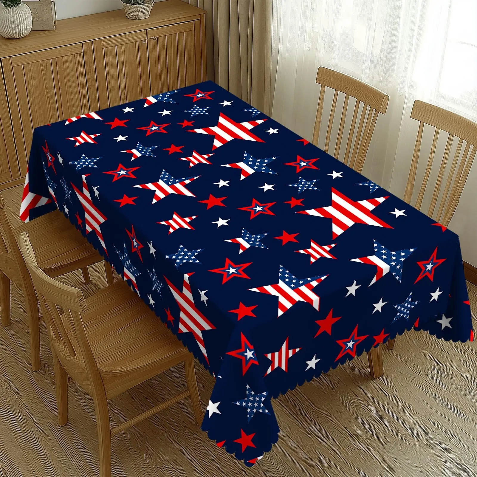 American Flag Stars Print Tablecloth, Scalloped Edge Woven Twill Table Cover for 4th of July Patriotic Party Kitchen Dining Deco