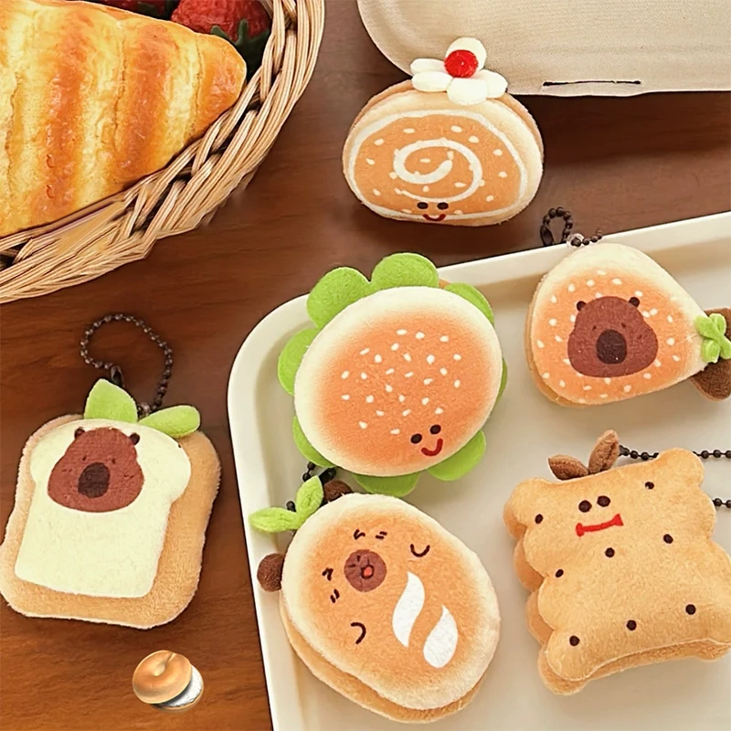 S 1pc New Creative Soft Stuffed Burger Animal Capybara Plush Doll Key Chain Toy Cartoon Bag Car Pendant Toast Keyring