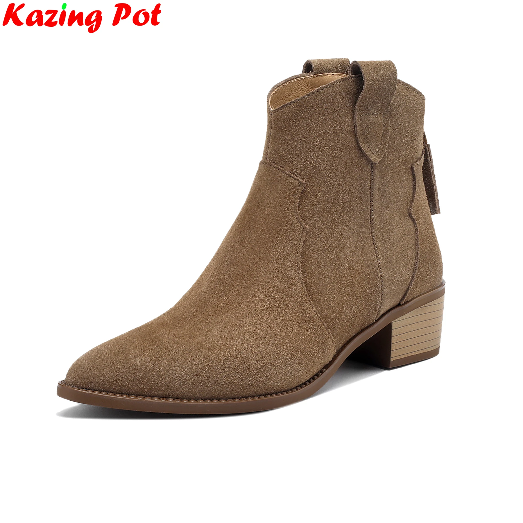 

Ins Trend Plus Size 34-43 Cow Suede Pointed Toe Med Heels Retro Modern Chelsea Boots Warm Winter Shoes Dating Brand Ankle Boots