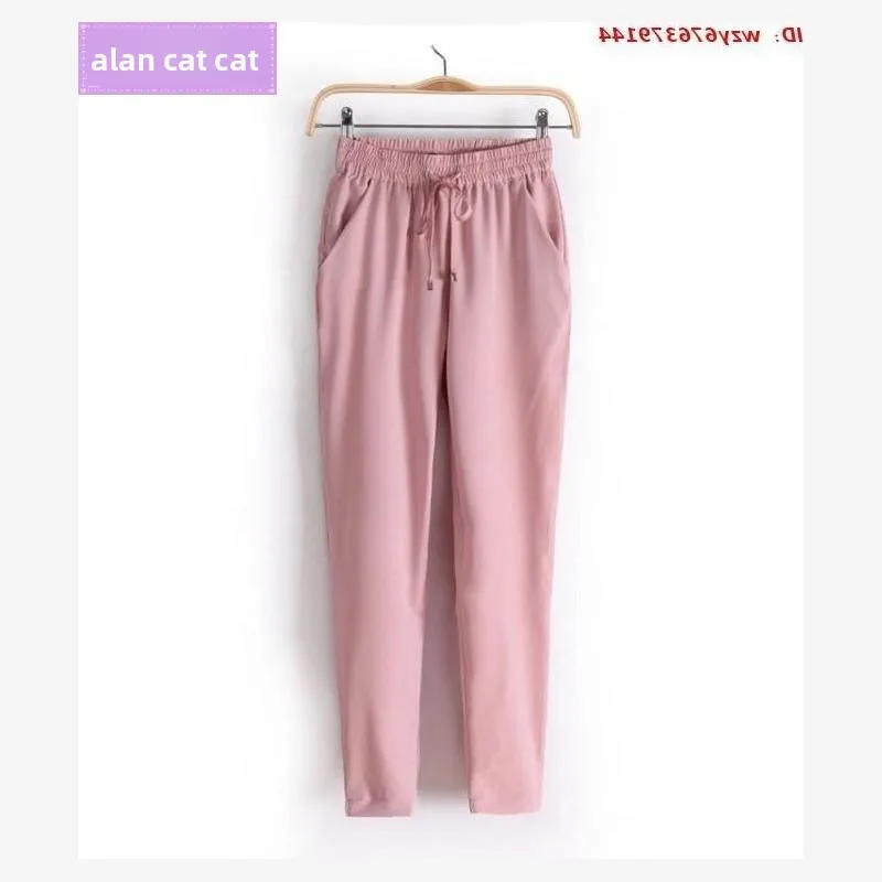 กางเกงชีฟองลำลองสำหรับผู้หญิง ฤดูร้อน ผ้าบาง เอวต่ำ ความยาวเก้าส่วน ทรงฮาร์แลน หวาน สไตล์หวาน ผลิตจากเส้นใยโพลีเอสเตอร์ 100%