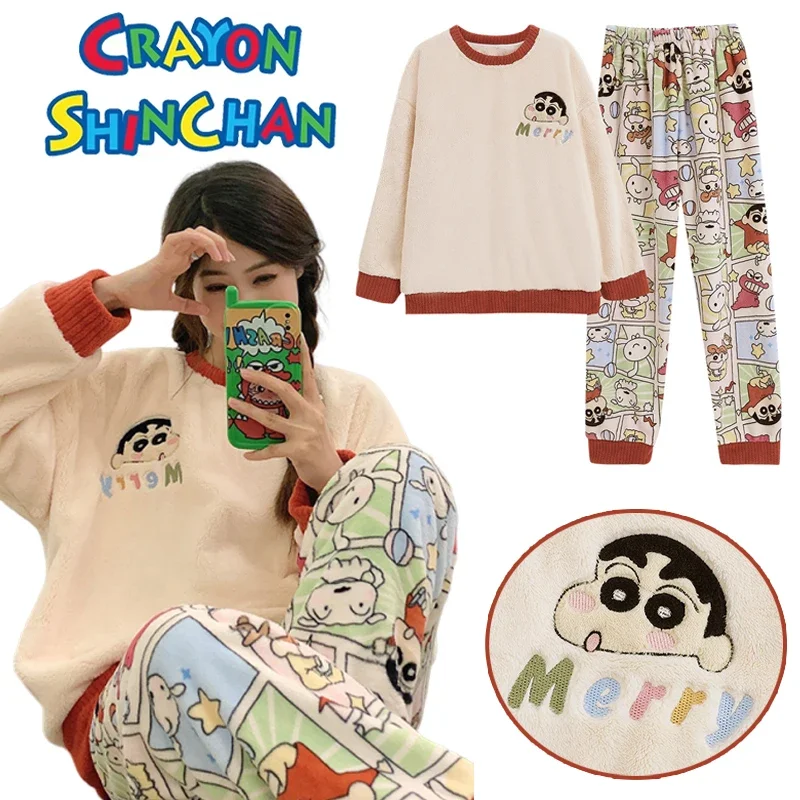 Crayon Shin-chan Pajama Set Women Winter Flannel Round Neck Long Sleeve Cartoon Warmth Pants Sleepwear Casual Comfort Loungewear