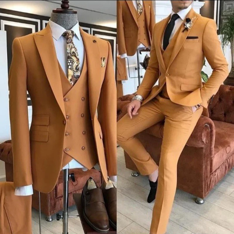 

New Arrival 3 Pieces Yellow Men Suits 2023 Slim Fit Peak Lapel One Button Tailor Made Groom Terno Masculino (Jacket+Pants+Vest）